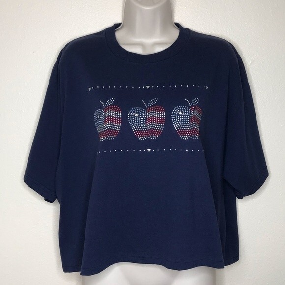 Vintage Jerzees Red Silver Blue Stud Apple Navy Cropped T Shirt Womens Size XL - Picture 14 of 14